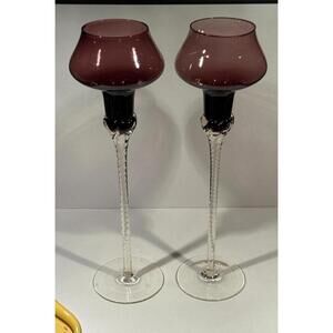 Pair of Empoli Amethyst & Clear Twist-Stem Tall Glass 14" Candle Holders